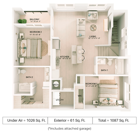 Floor plan for 2 beds, 2 baths, 1026 sqft